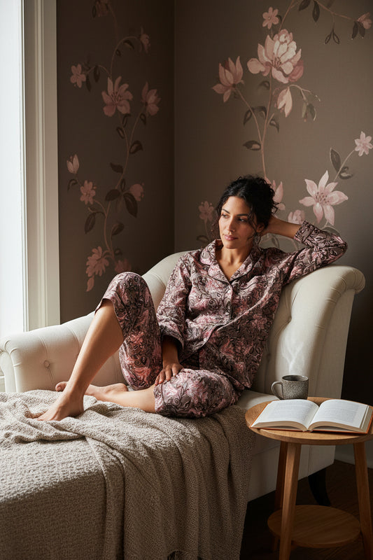 Floral patterned outfit on a light wooden floor