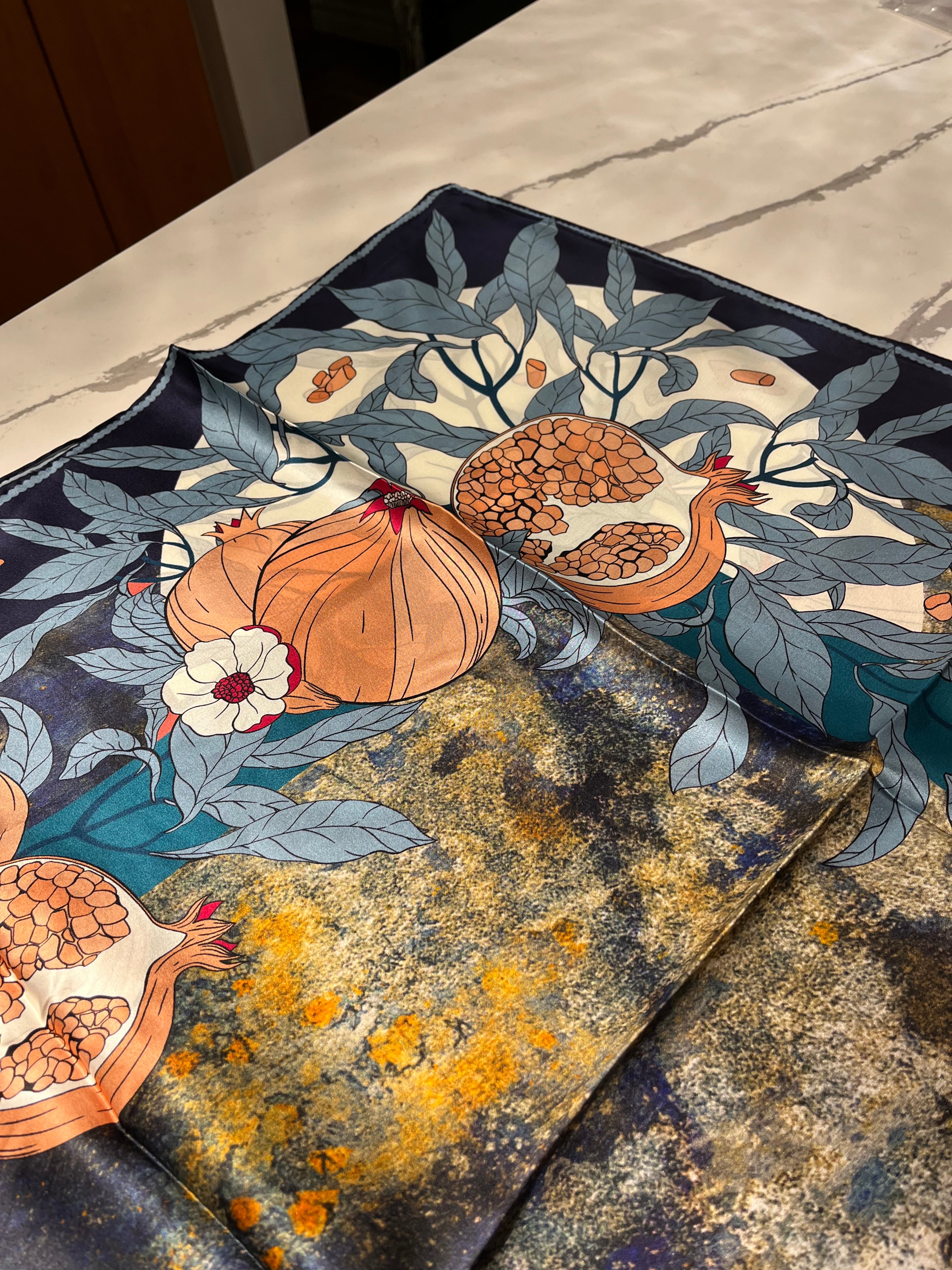 T & E - LARGE SILK SCARF - POMEGRANITE DEPICTION