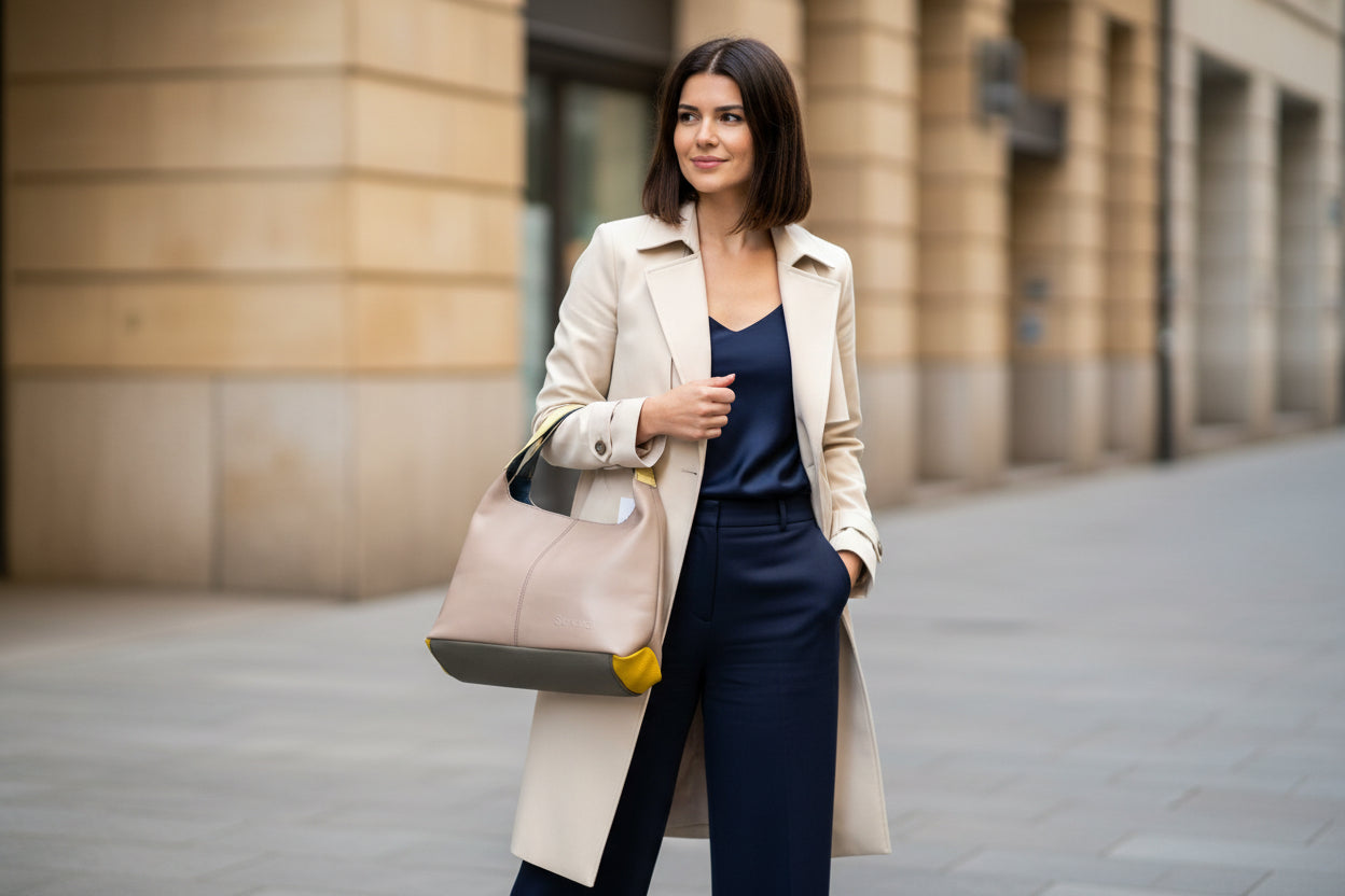 pale pink tinged Gray and yellow bag on a woman wearing a trench coat