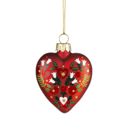 Glass Heart Shaped Ornament w/Nordic Floral Design