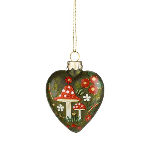 Glass Heart Shaped Ornament w/Forest Mushroom Design