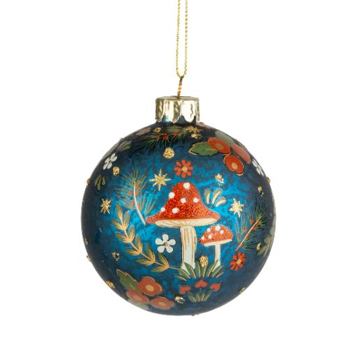 Glass Ball Ornament w/Forest Mushroom Design Blue
