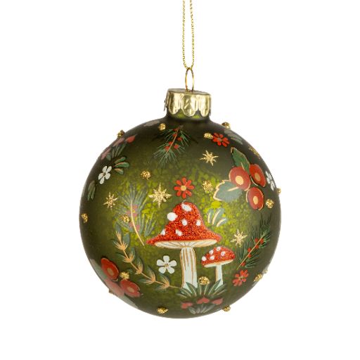 Glass Ball Ornament w/Forest Mushroom Design Green