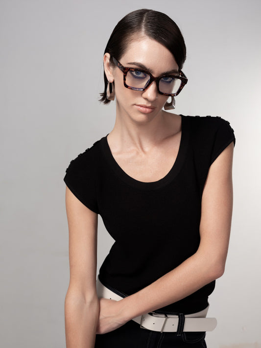 BUTTON SHOULDER RAYON KNIT TEE