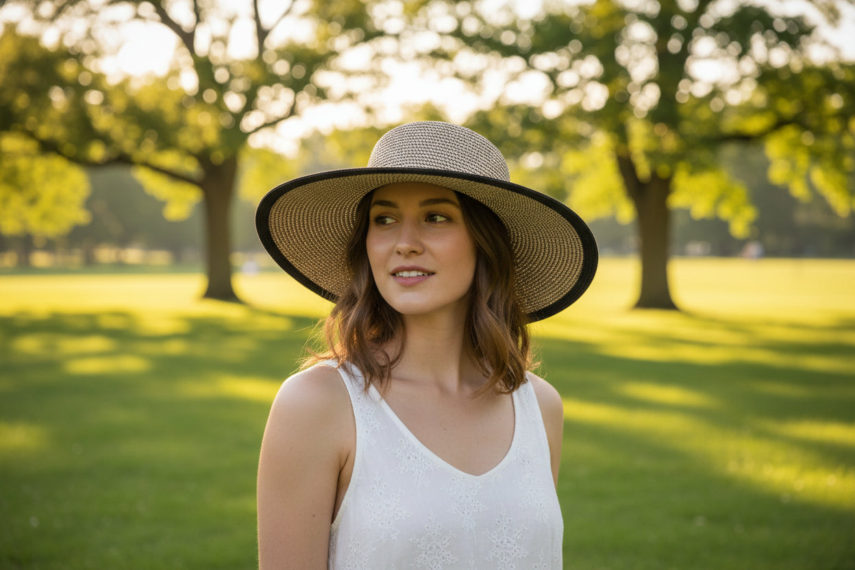Beige straw hat with black band on a white background