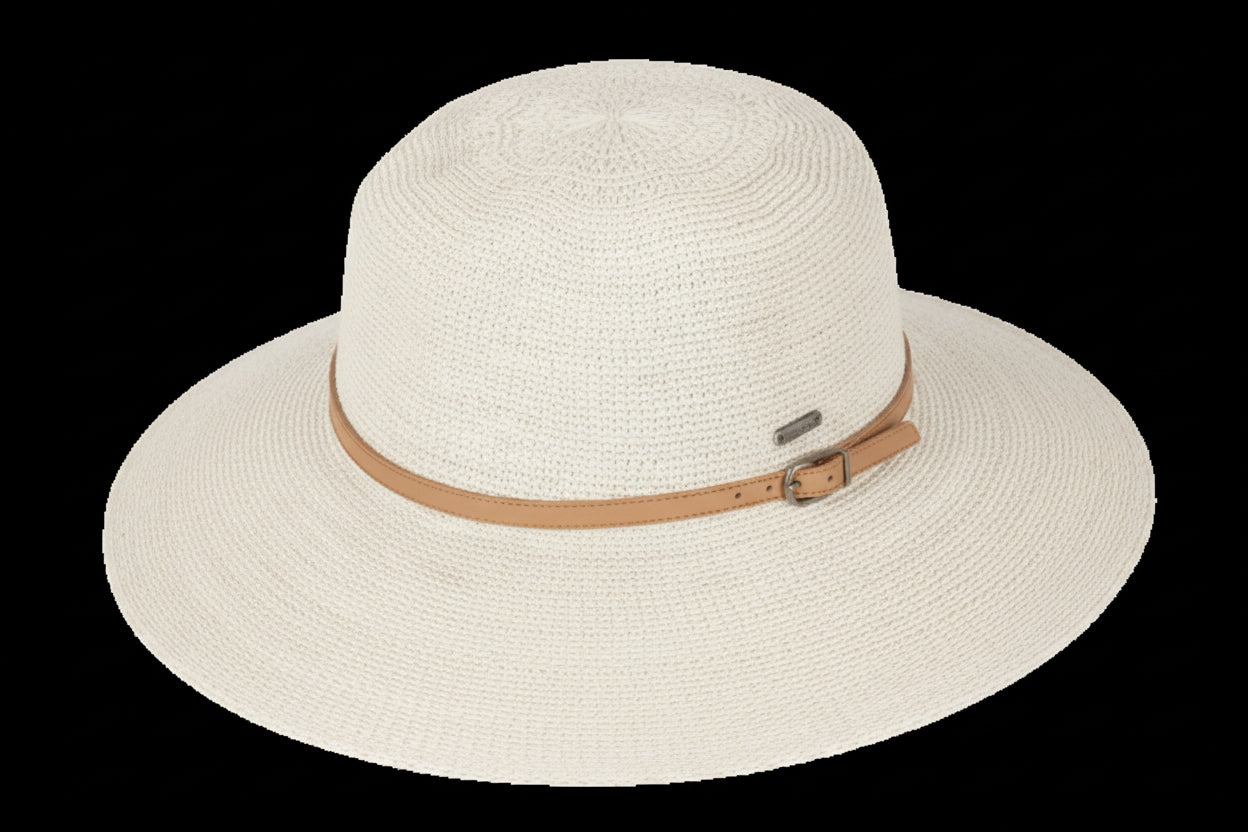 Blue straw hat with a brown band on a white background