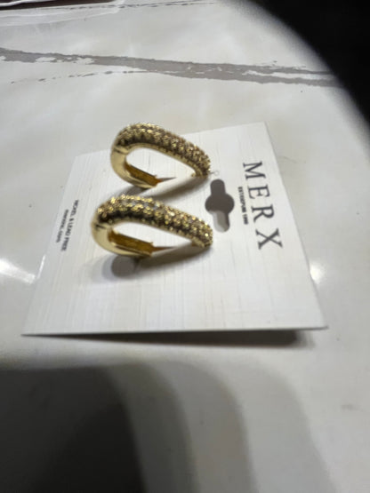 Earring Shiny Oblong Hoop Gold  With Encrusted Crystals - Suttles & Seawinds