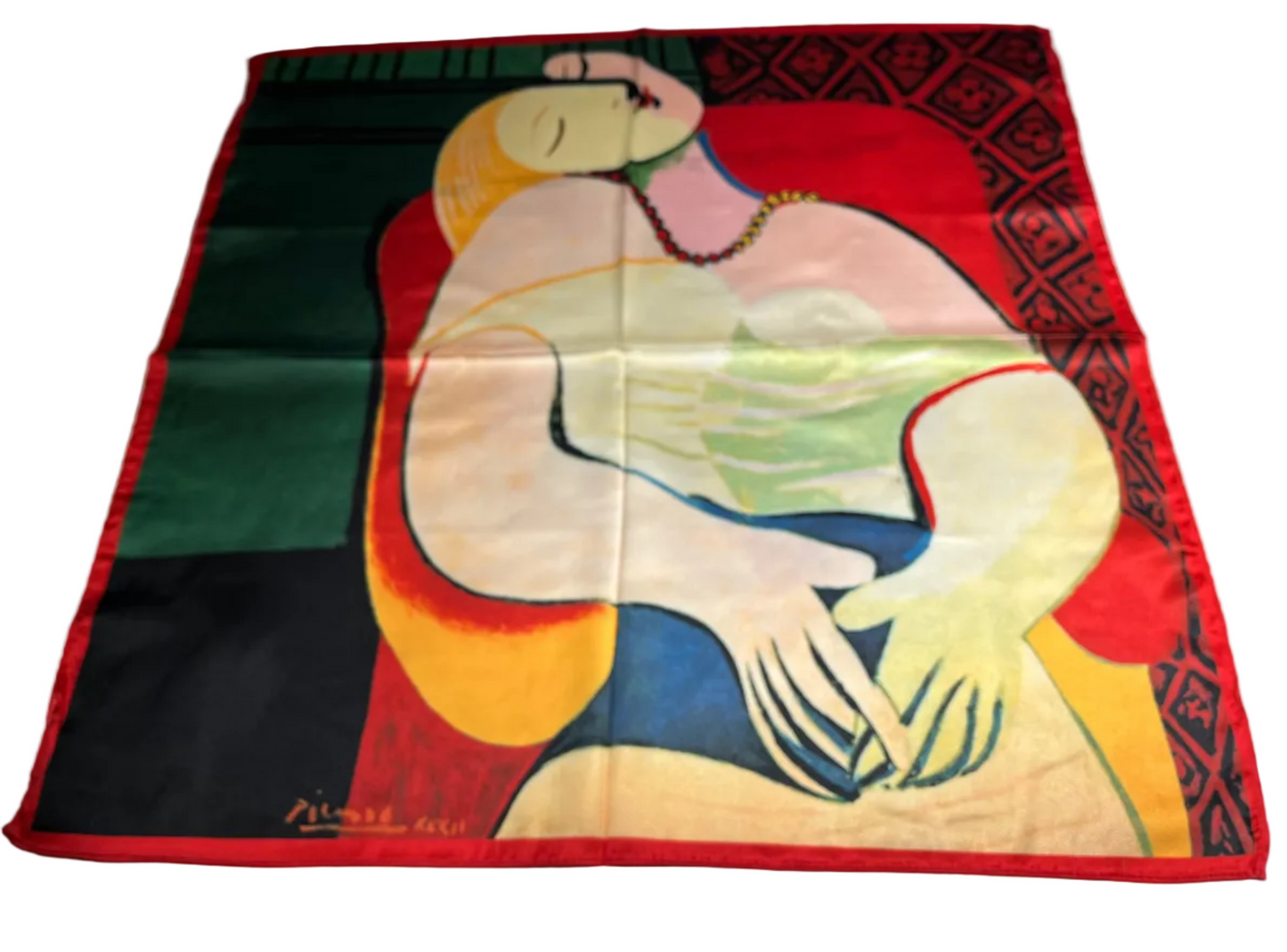 Colorful scarf with abstract design of a woman and child on a plain background