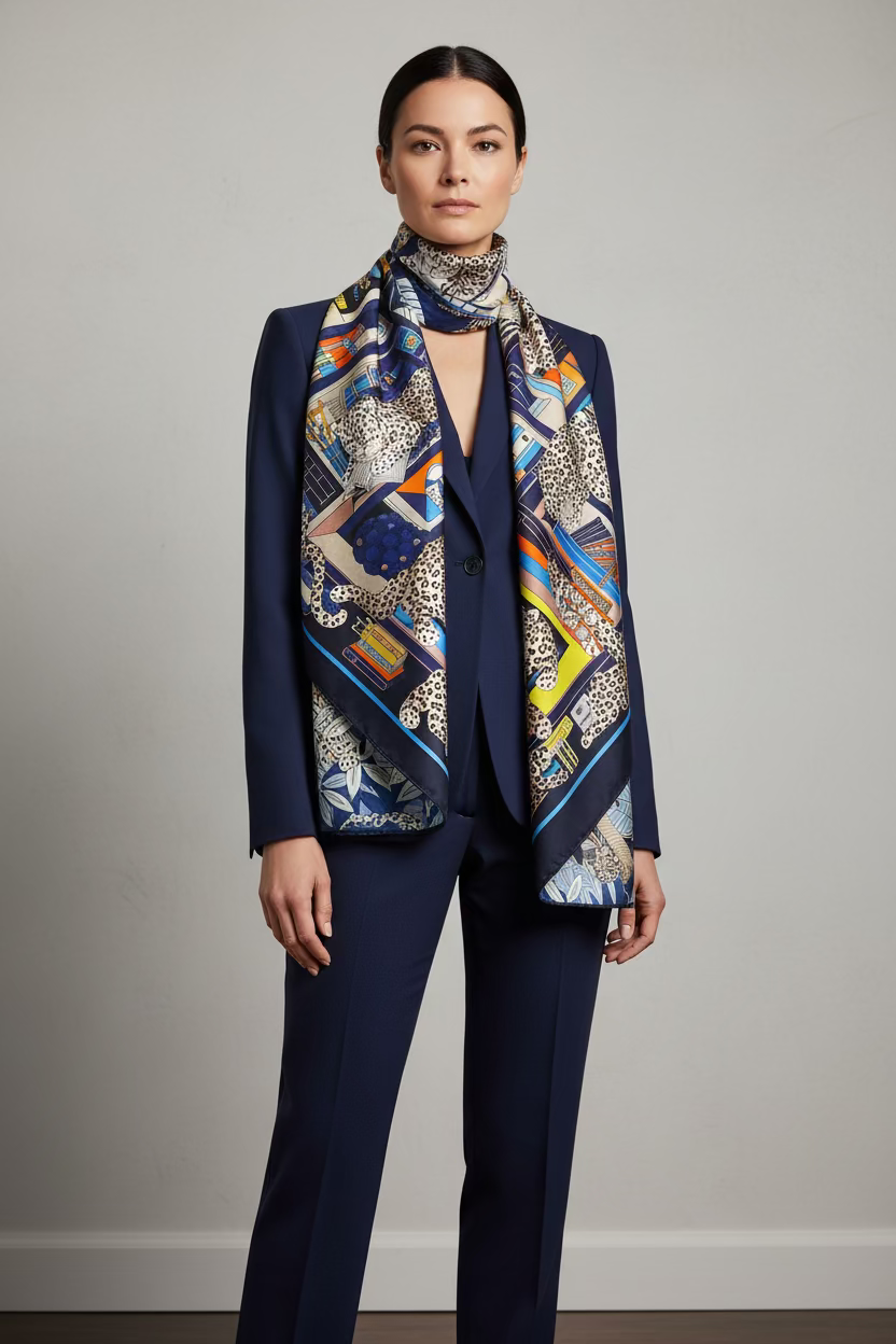 Decorative print silk scarfwith intricate patterns and colors, featuring books and leopards.