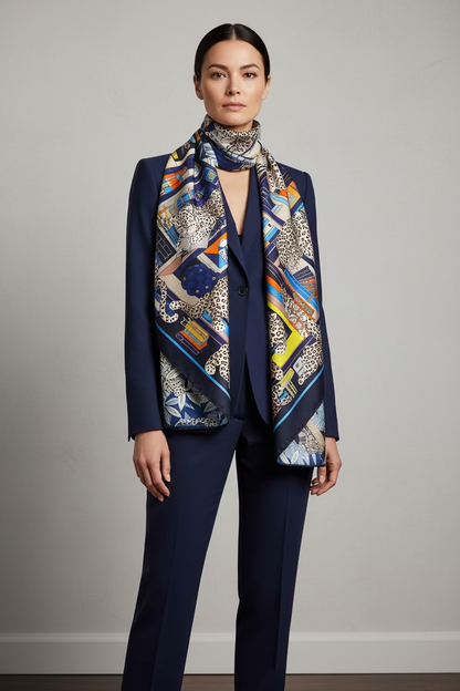 Decorative print silk scarfwith intricate patterns and colors, featuring books and leopards.