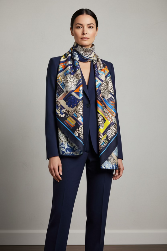 Decorative print silk scarfwith intricate patterns and colors, featuring books and leopards.