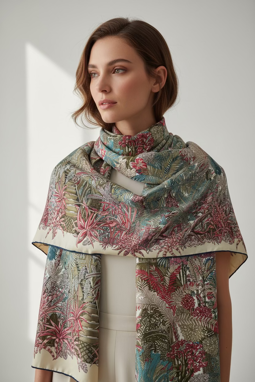 Floral patterned fabric with red and green colors on a neutral background