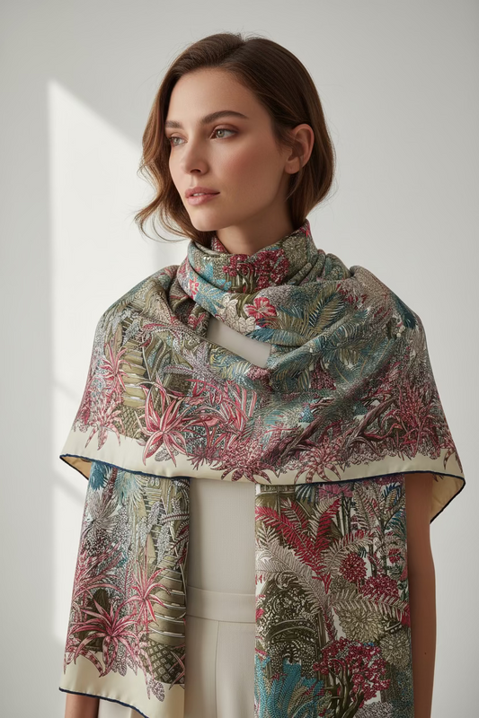 Floral patterned fabric with red and green colors on a neutral background