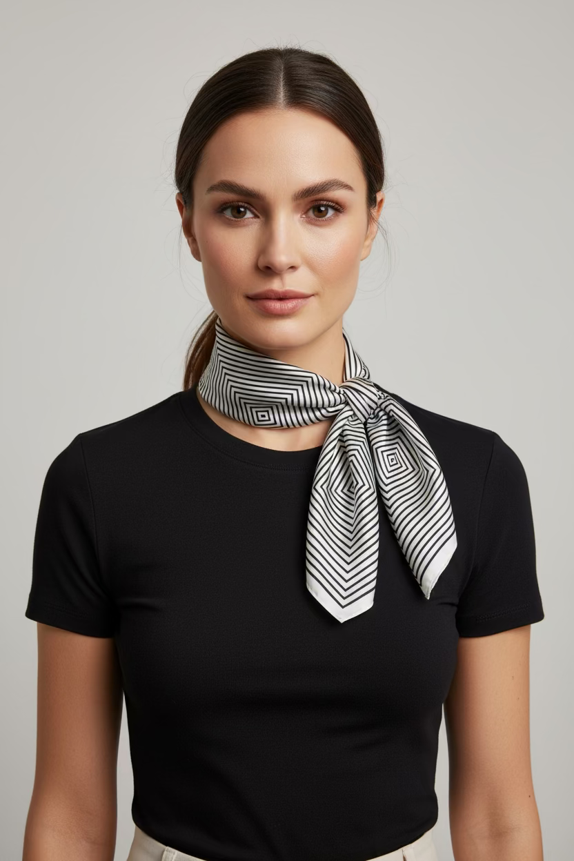 Black and white striped fabric with geometric pattern on a white background