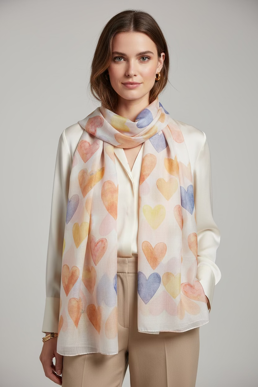 Pattern of colorful hearts on a textured fabric background
