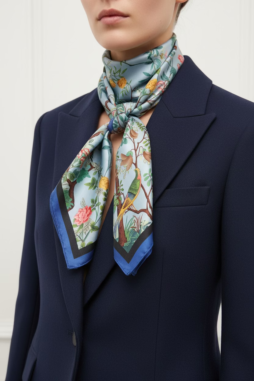 Decorative scarf with floral and bird pattern 