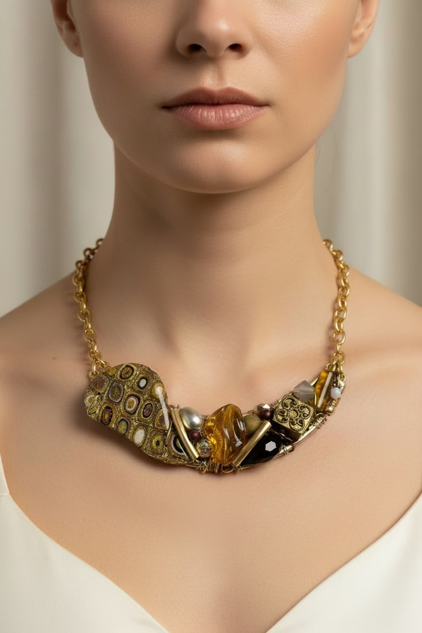 Gold necklace with intricate design on a white background