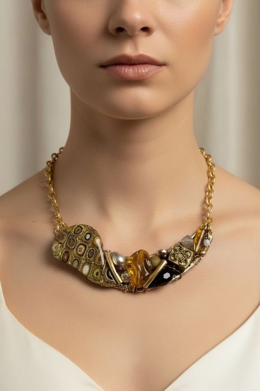 Gold necklace with intricate design on a white background