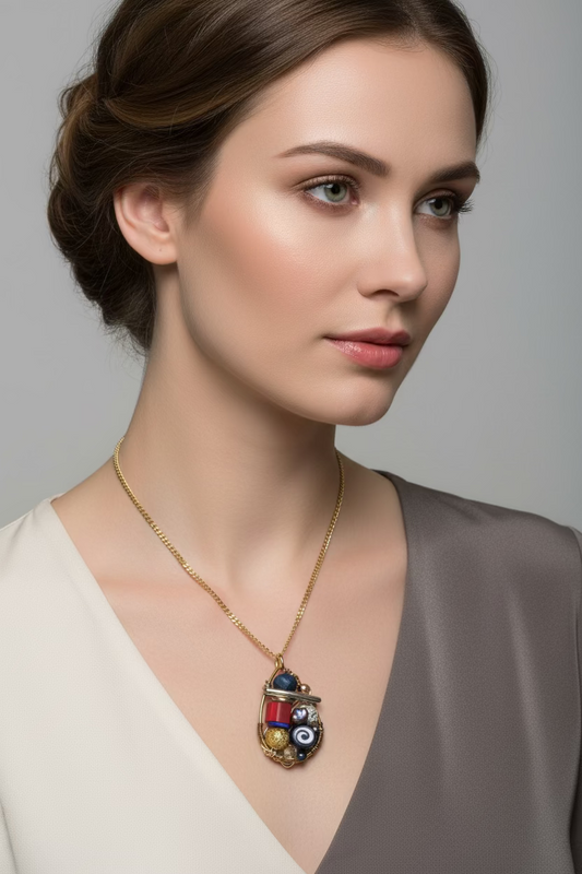 Necklace with a pendant on a white card with text and a small painting.