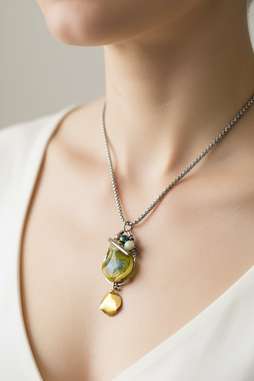 Necklace with green and gold pendant on a display card with text and landscape photo.
