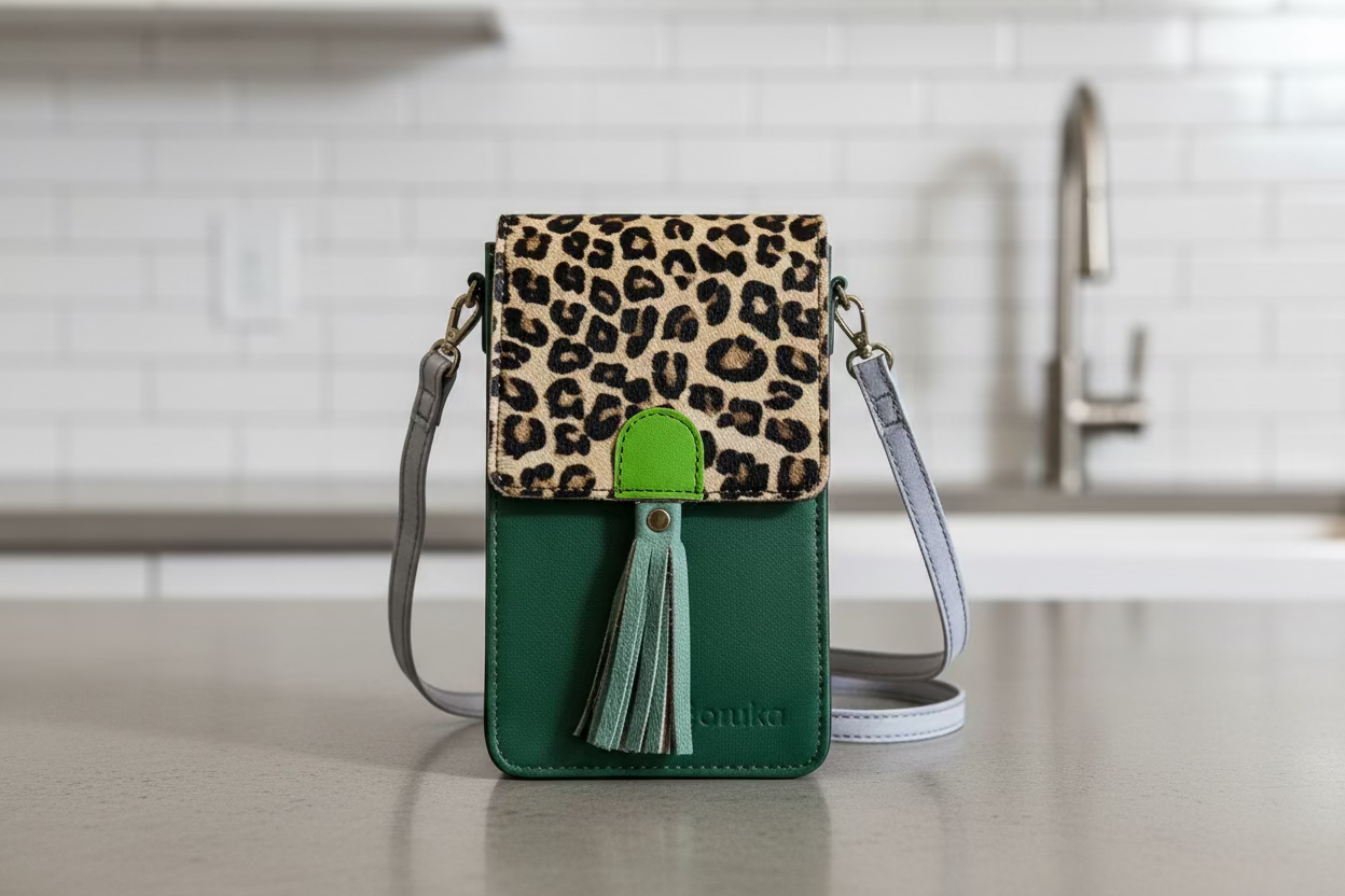 Green purse with leopard print  flap green tassel and light strap  front side