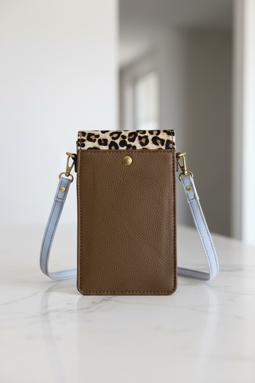 Brown leather wallet with a leopard print pale strap back view