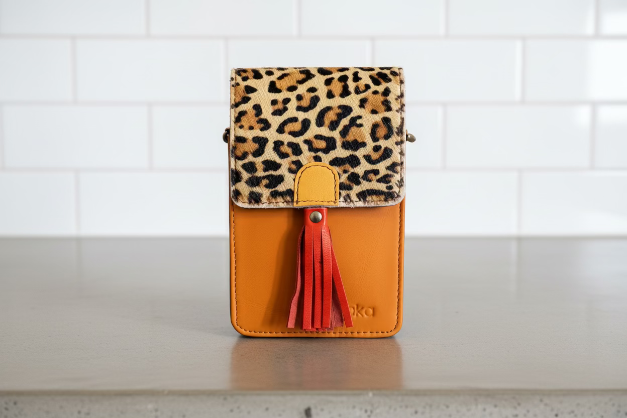 handbag with mustard leather and trimmed with a animal print flap and orange tassle  front side