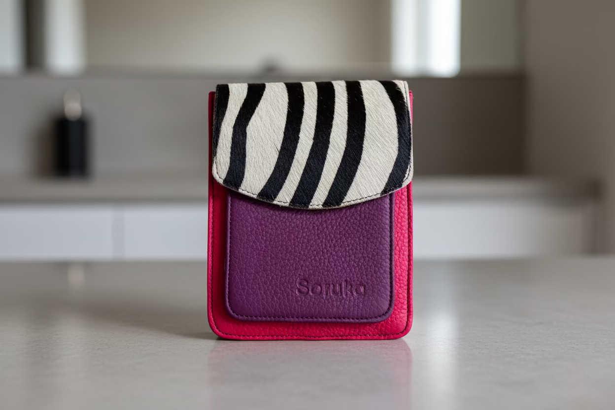 Purple and pink bag zebra-striped  flap with front phone case  pocket 
