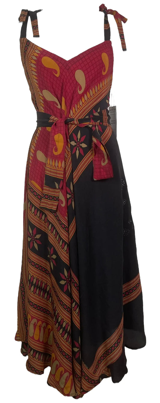 Black and Red Pure Silk Maxi Dress with Belt