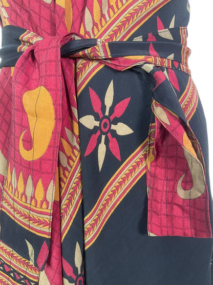 Black and Red Pure Silk Maxi Dress with Belt