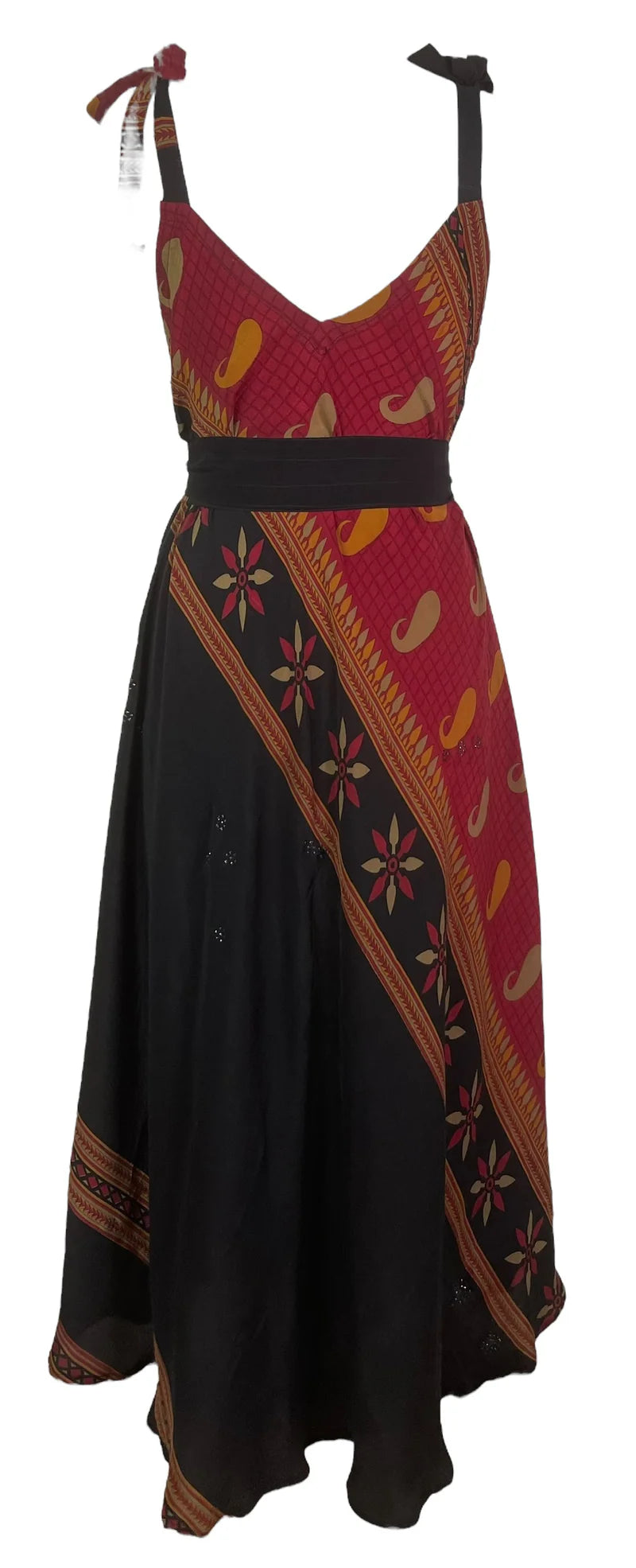 Black and Red Pure Silk Maxi Dress with Belt