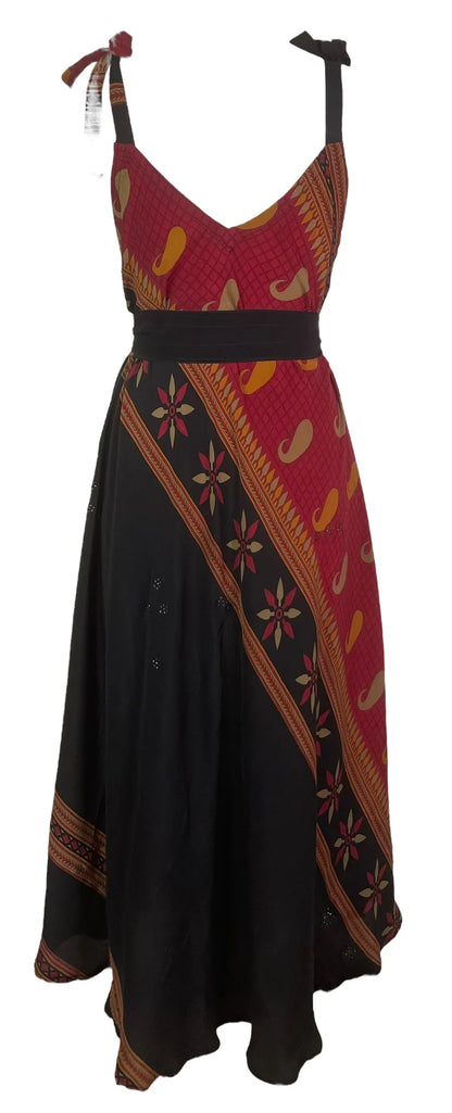 Black and Red Pure Silk Maxi Dress with Belt