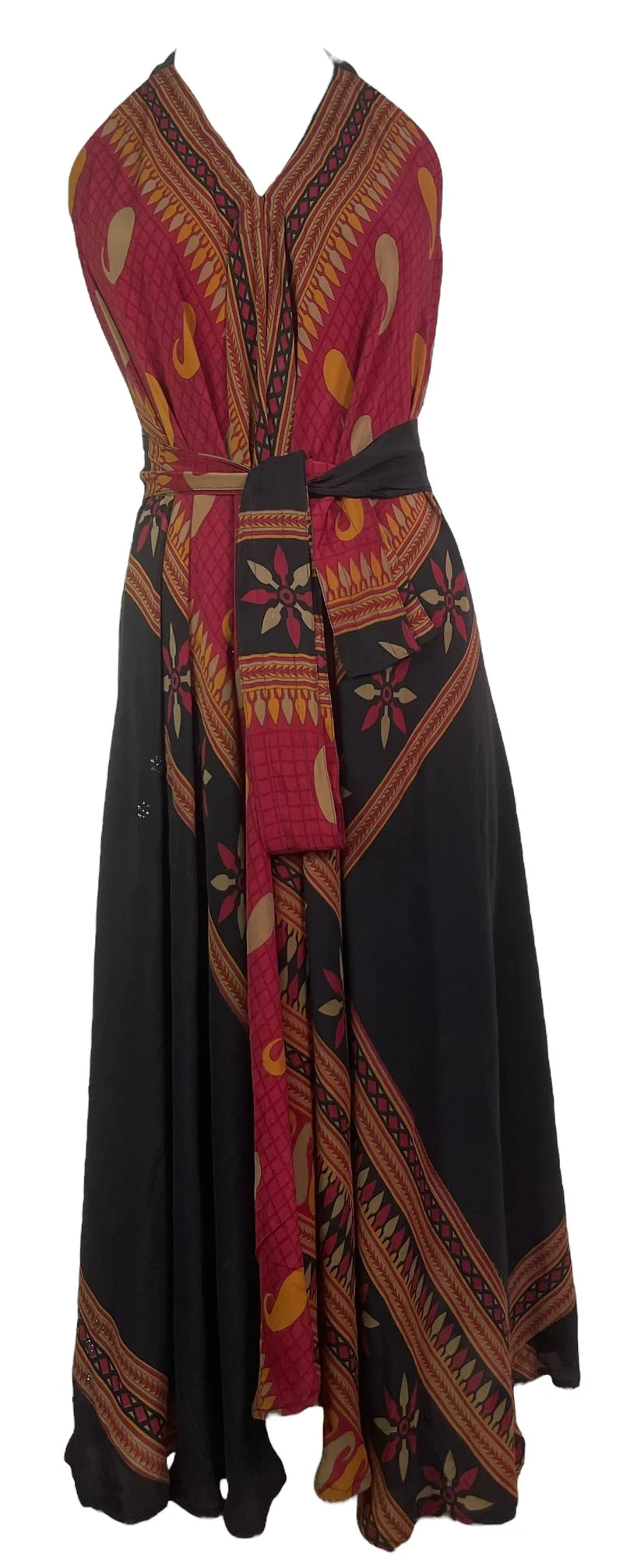 Black and Red Pure Silk Maxi Dress with Belt