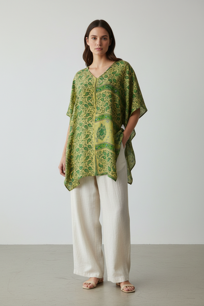 Green Ivy Pure Silk Waterfall Top