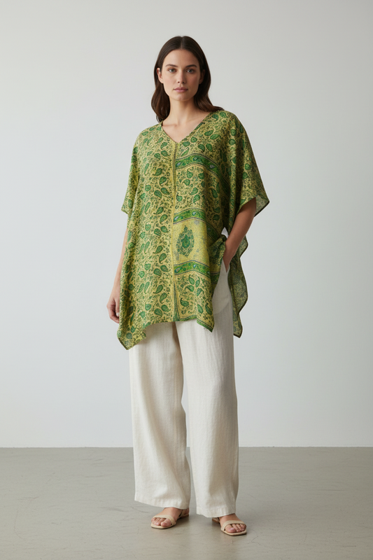 Green Ivy Pure Silk Waterfall Top