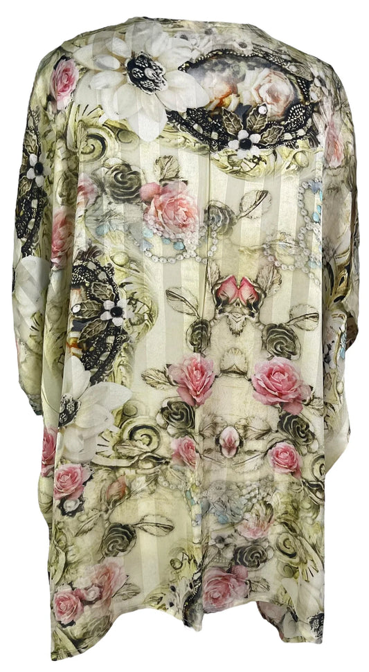 Vintage Rose Pure Silk Short Kaftan Tunic without Slits