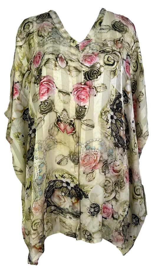 Vintage Rose Pure Silk Short Kaftan Tunic without Slits