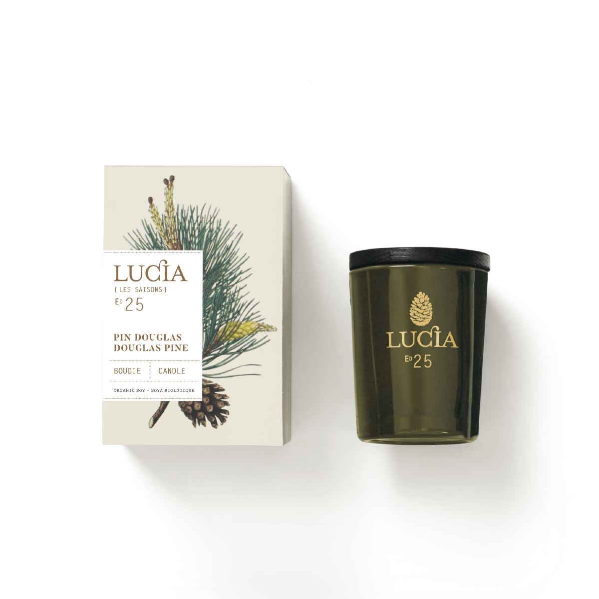 Lucia Les Saisons Douglas Pine soy candle with lacquered wood lid, 20-hour size