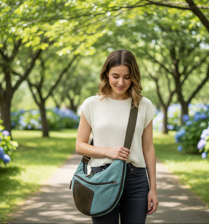 A gray and brown canvas sling bag with leather trim and metal hardware, featuring multiple pockets and an adjustable shoulder strap.