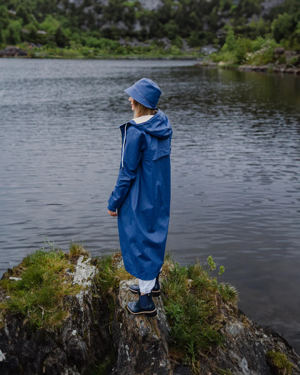 Mernini Long Raincoat in Peony Blue, Suttles & Seawinds, Mahone Bay, Nova Scotia