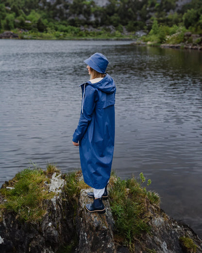 Mernini Long Raincoat in Peony Blue, Suttles & Seawinds, Mahone Bay, Nova Scotia