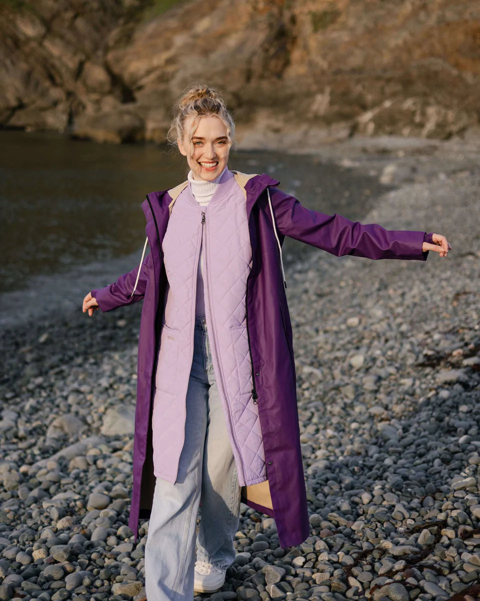 Mernini Long Raincoat in Purple Rain, Suttles & Seawinds, Mahone Bay, Nova Scotia