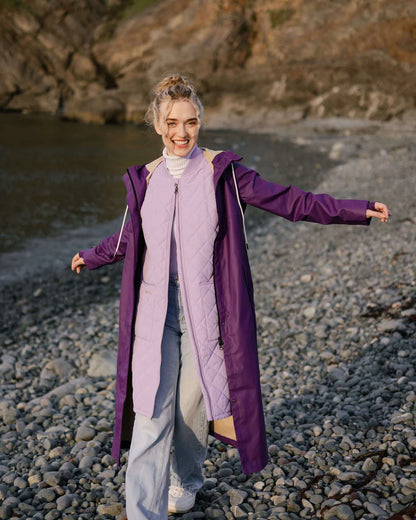 Mernini Long Raincoat in Purple Rain, Suttles & Seawinds, Mahone Bay, Nova Scotia