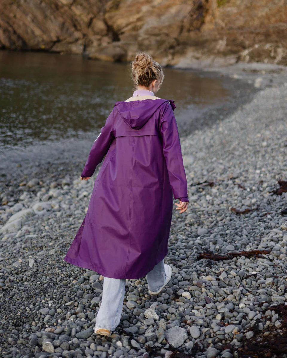 Mernini Long Raincoat in Purple Rain, Suttles & Seawinds, Mahone Bay, Nova Scotia