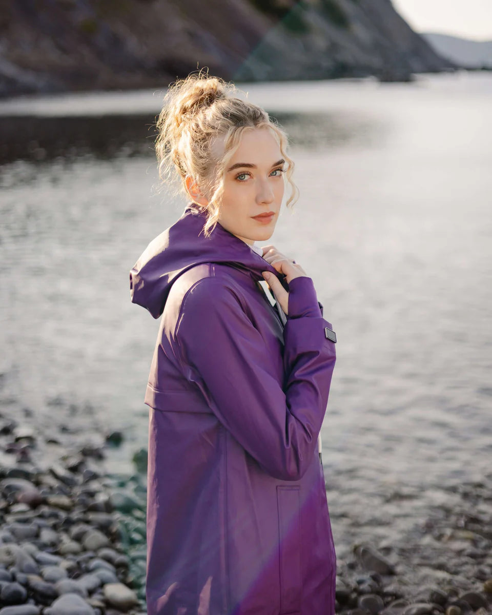 Mernini Long Raincoat in Purple Rain, Suttles & Seawinds, Mahone Bay, Nova Scotia