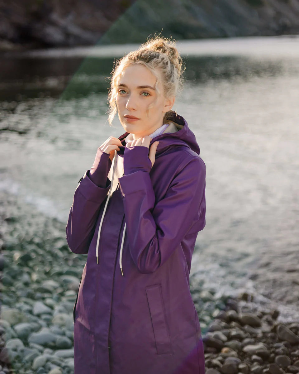 Mernini Long Raincoat in Purple Rain, Suttles & Seawinds, Mahone Bay, Nova Scotia
