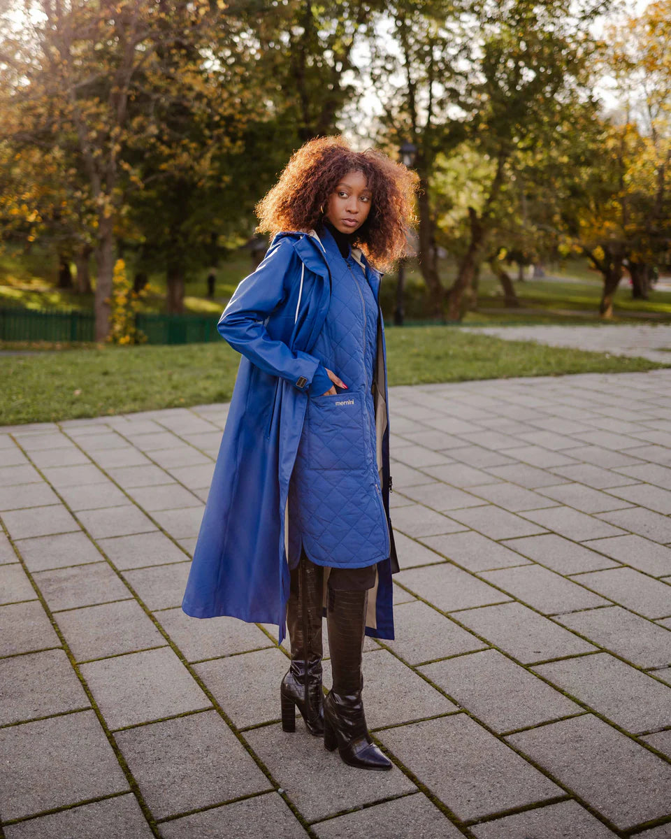 Mernini Long Raincoat in Peony Blue, Suttles & Seawinds, Mahone Bay, Nova Scotia