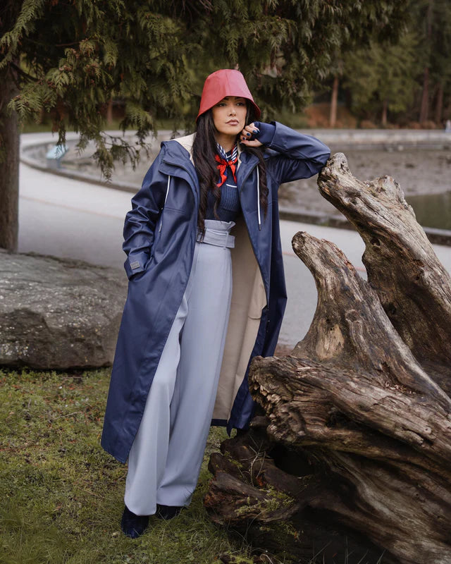 Mernini Long Raincoat in Midnight Blue, Suttles & Seawinds, Mahone Bay, Nova Scotia