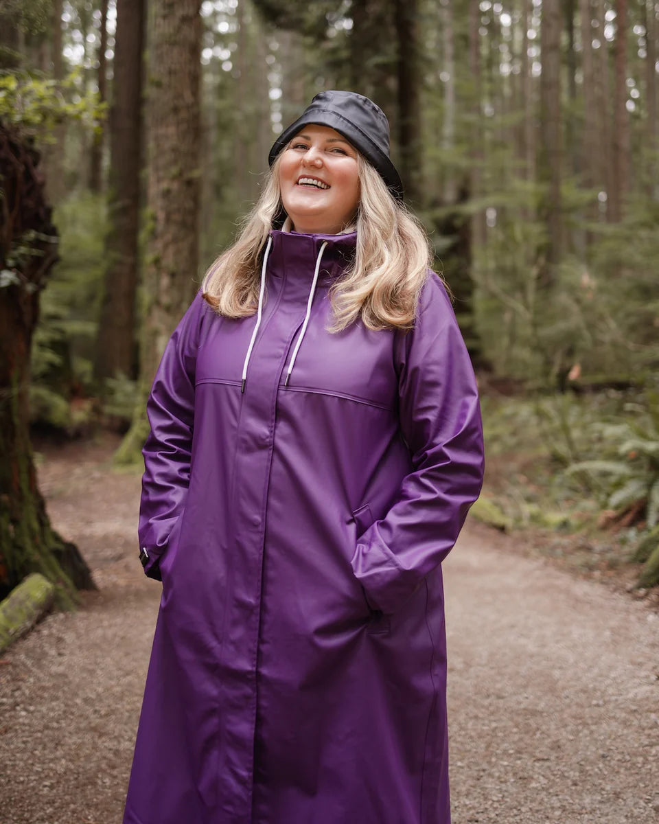 Mernini Long Raincoat in Purple Rain, Suttles & Seawinds, Mahone Bay, Nova Scotia