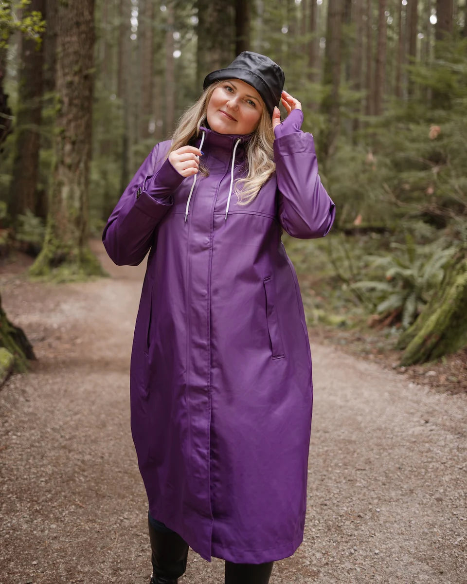 Mernini Long Raincoat in Purple Rain, Suttles & Seawinds, Mahone Bay, Nova Scotia